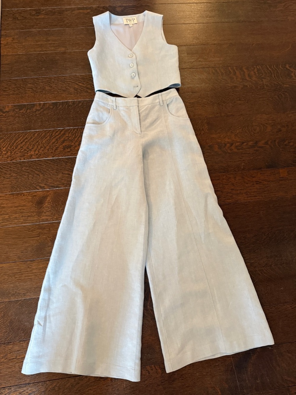 Light Blue Wide-Leg Linen Pants and vest